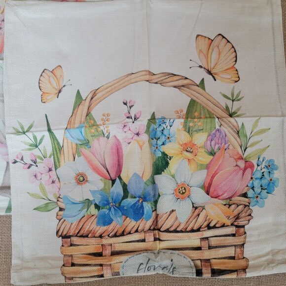 Pair of Canvas Pillow Covers Spring Flowers Basket Vase Watercolor 18x18" New - Picture 3 of 6